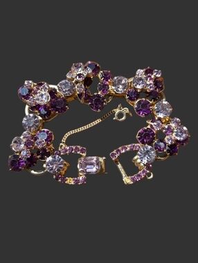 Juliana Vintage Purple Rhinestone 5 Link Bracelet - 2 Tiny Stones Missing Clasp